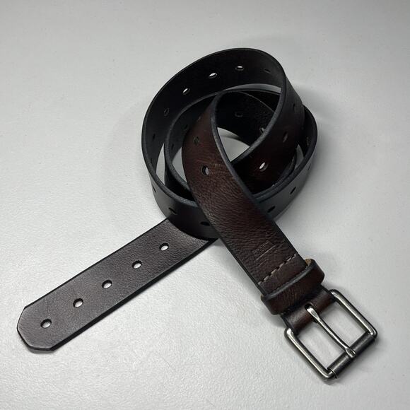 Levis Leather Belt Mens XL 42-44 Dark Brown Silver Tone Buckle Perforated - Picture 1 of 7